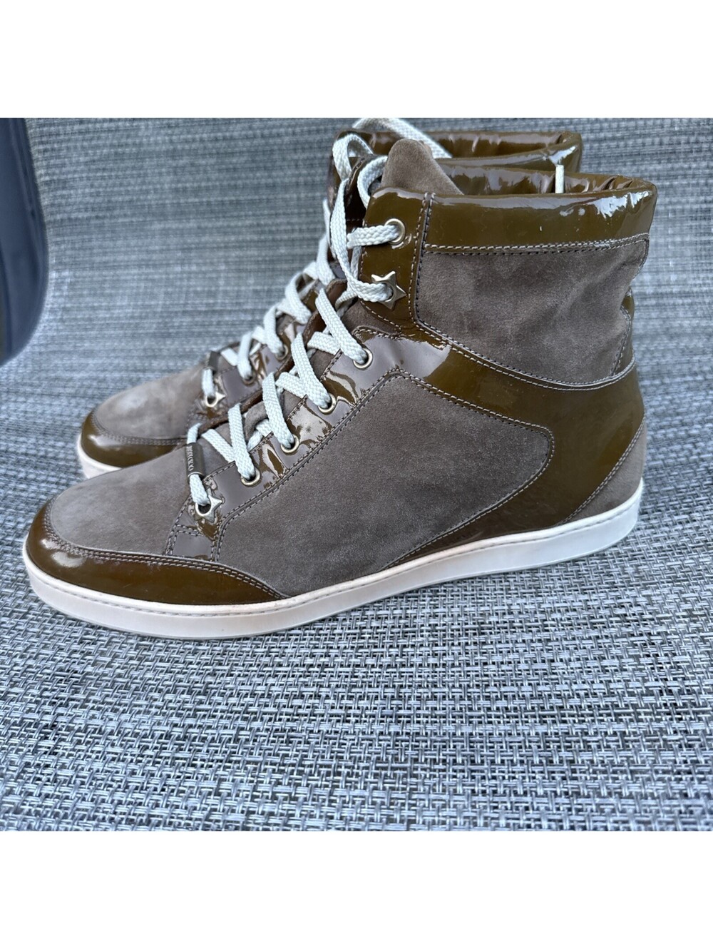Jimmy Choo Tokyo High Top Suede Patent Leather Sneaker Women's Sz 37.5 /US 7.5-8